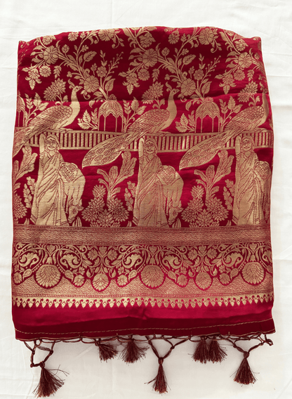 Soft Silk Red Banarasi Katan Saree – Timeless Bridal Royal Elegance (One Size)