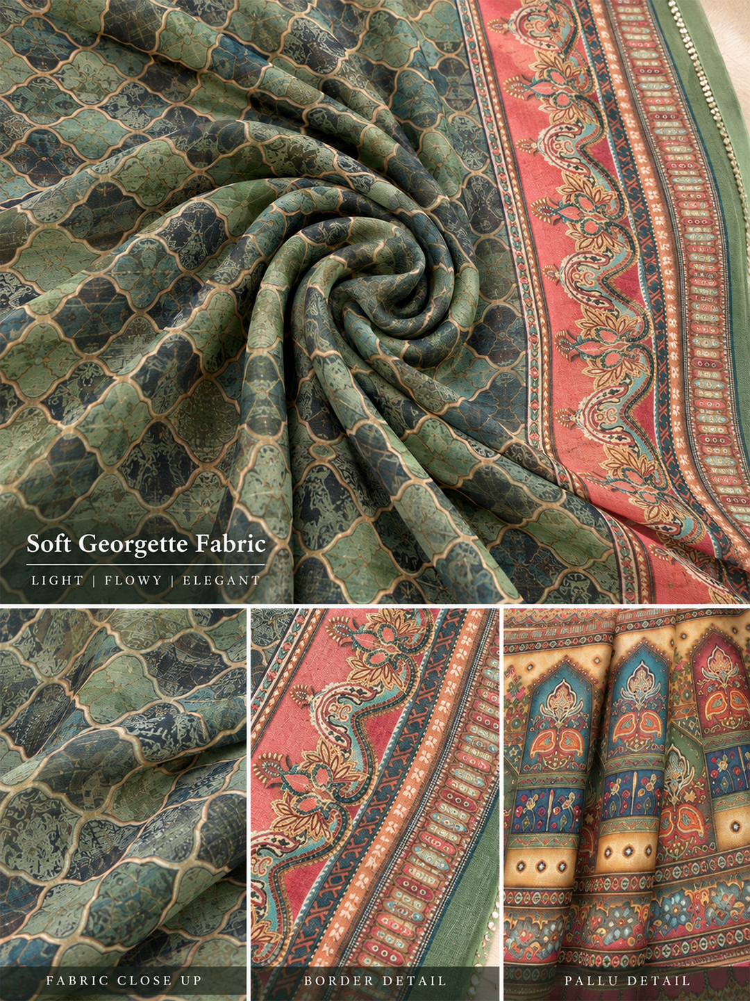 Green Soft Georgette Printed Saree – Fresh, Flowy Elegance