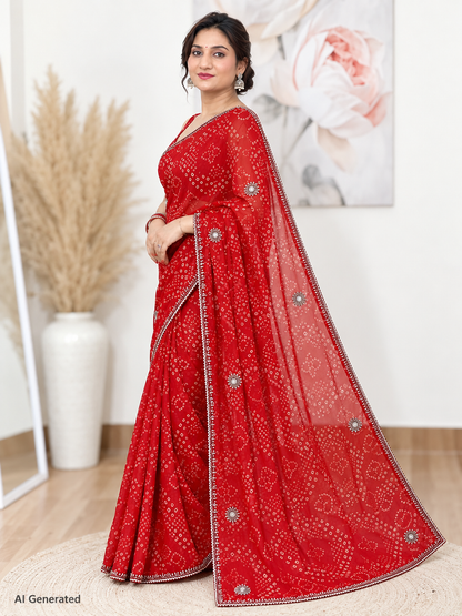 Red Bandhani Royale Georgette Saree – Vibrant Festive Elegance