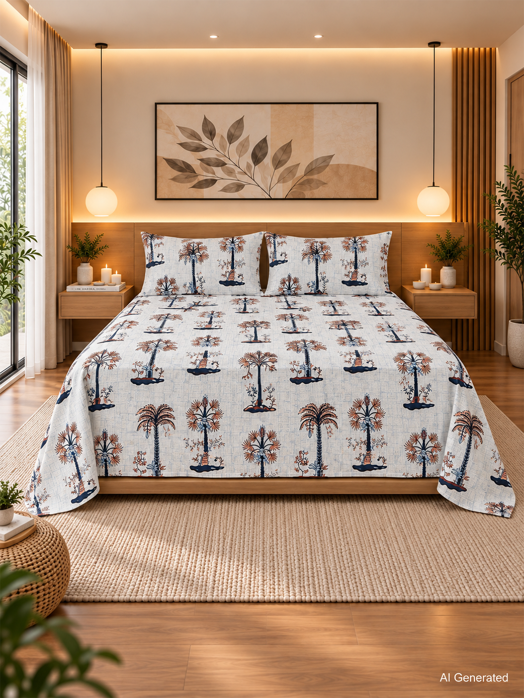 Palm Tree Cotton Bedsheet (93×108 in) with Pillow Covers – Tropical Elegance