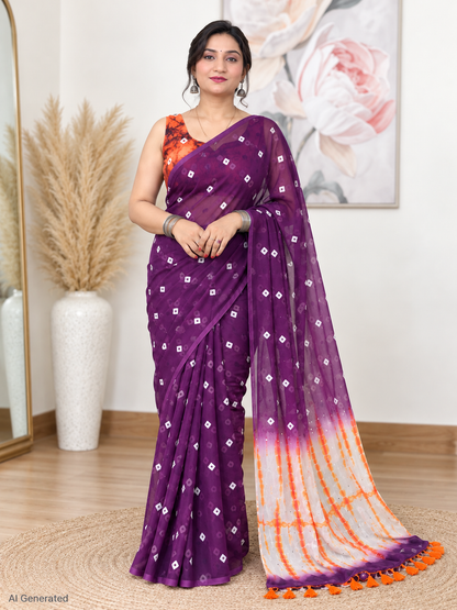 Purple Bandhani Saree – Georgette – Regal, Traditional Elegance