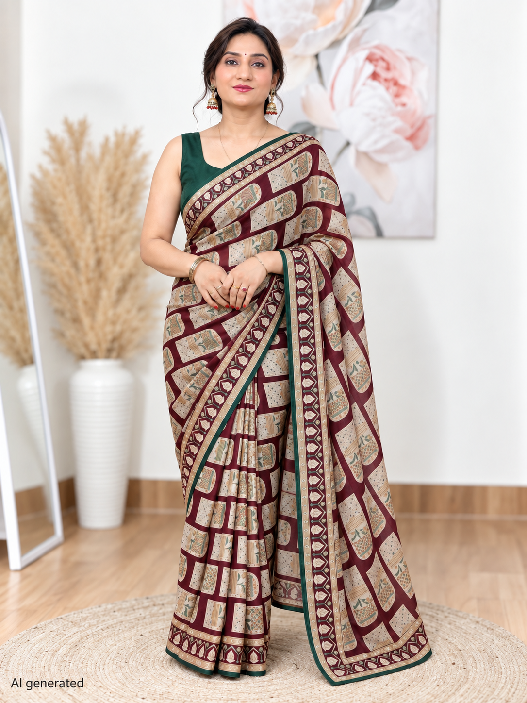 Wine Printed Brasso Saree – Deep, Contemporary Elegance