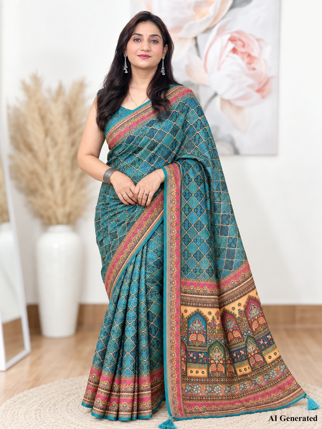 Teal Soft Georgette Printed Saree – Calm, Flowy Elegance