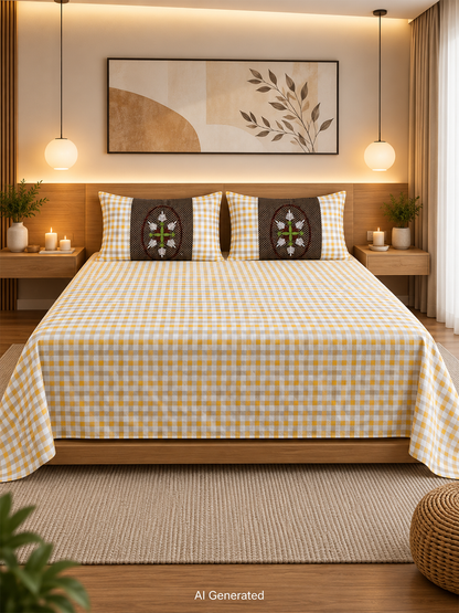 Cotton Mustard Grace Checks Bedsheet (108×108 inches) with Pillow Covers
