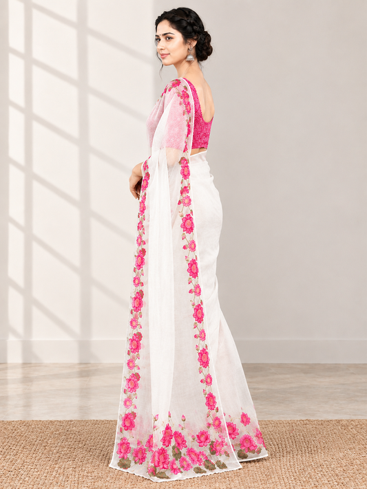 Off White & Pink Blossom Organza Saree – Ethereal Festive Elegance