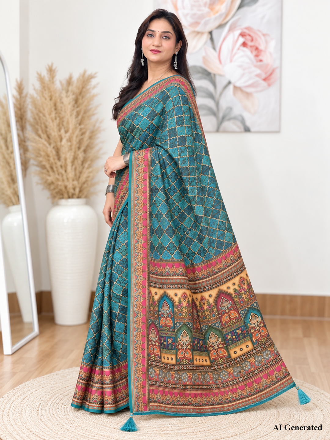 Teal Soft Georgette Printed Saree – Calm, Flowy Elegance