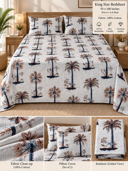 Palm Tree Cotton Bedsheet (93×108 in) with Pillow Covers – Tropical Elegance