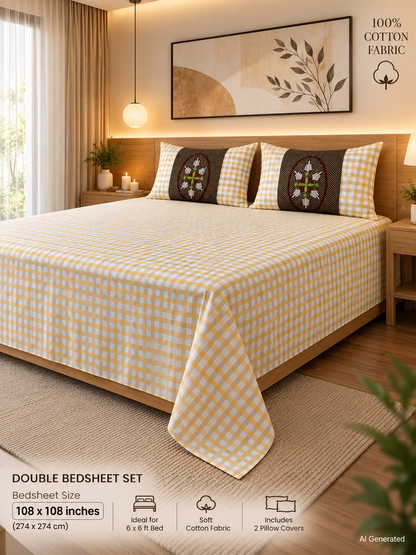 Cotton Mustard Grace Checks Bedsheet (108×108 inches) with Pillow Covers