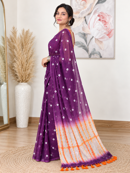 Purple Bandhani Saree – Georgette – Regal, Traditional Elegance