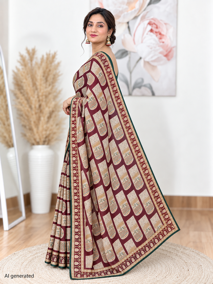 Wine Printed Brasso Saree – Deep, Contemporary Elegance