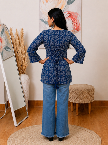 Indigo Angrakha Short Cotton Kurti – Heritage-Inspired Everyday Style ONLY KURTI
