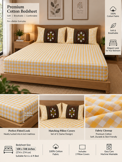 Cotton Mustard Grace Checks Bedsheet (108×108 inches) with Pillow Covers