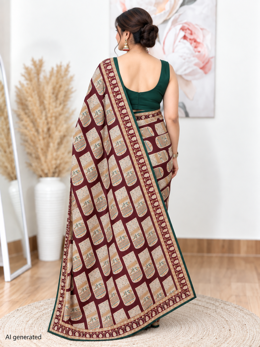 Wine Printed Brasso Saree – Deep, Contemporary Elegance