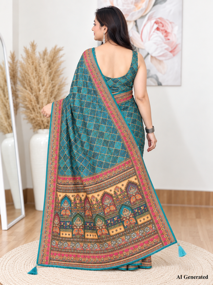 Teal Soft Georgette Printed Saree – Calm, Flowy Elegance