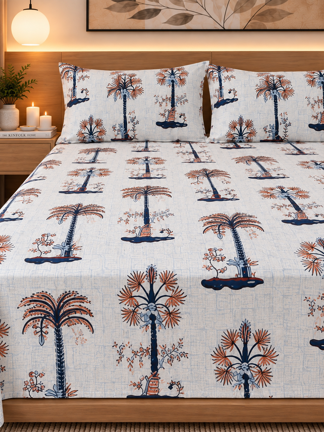 Palm Tree Cotton Bedsheet (93×108 in) with Pillow Covers – Tropical Elegance