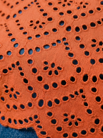 Orange Hakoba Cutwork Straight Cotton Kurti with Sleeves – Festive Everyday Elegance(Only Kurti) (S–5XL)