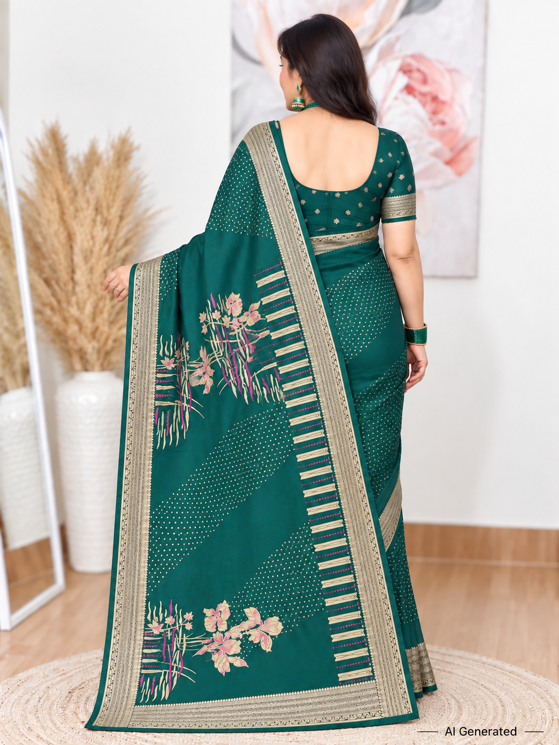 Green Floral Soft Silk Banarasi Saree – Luxurious Festive Elegance
