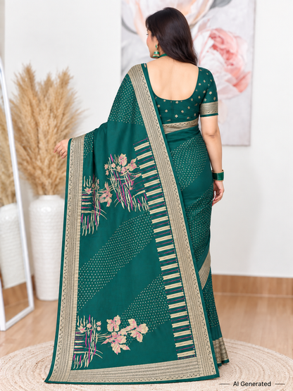 Green Floral Soft Silk Banarasi Saree – Luxurious Festive Elegance