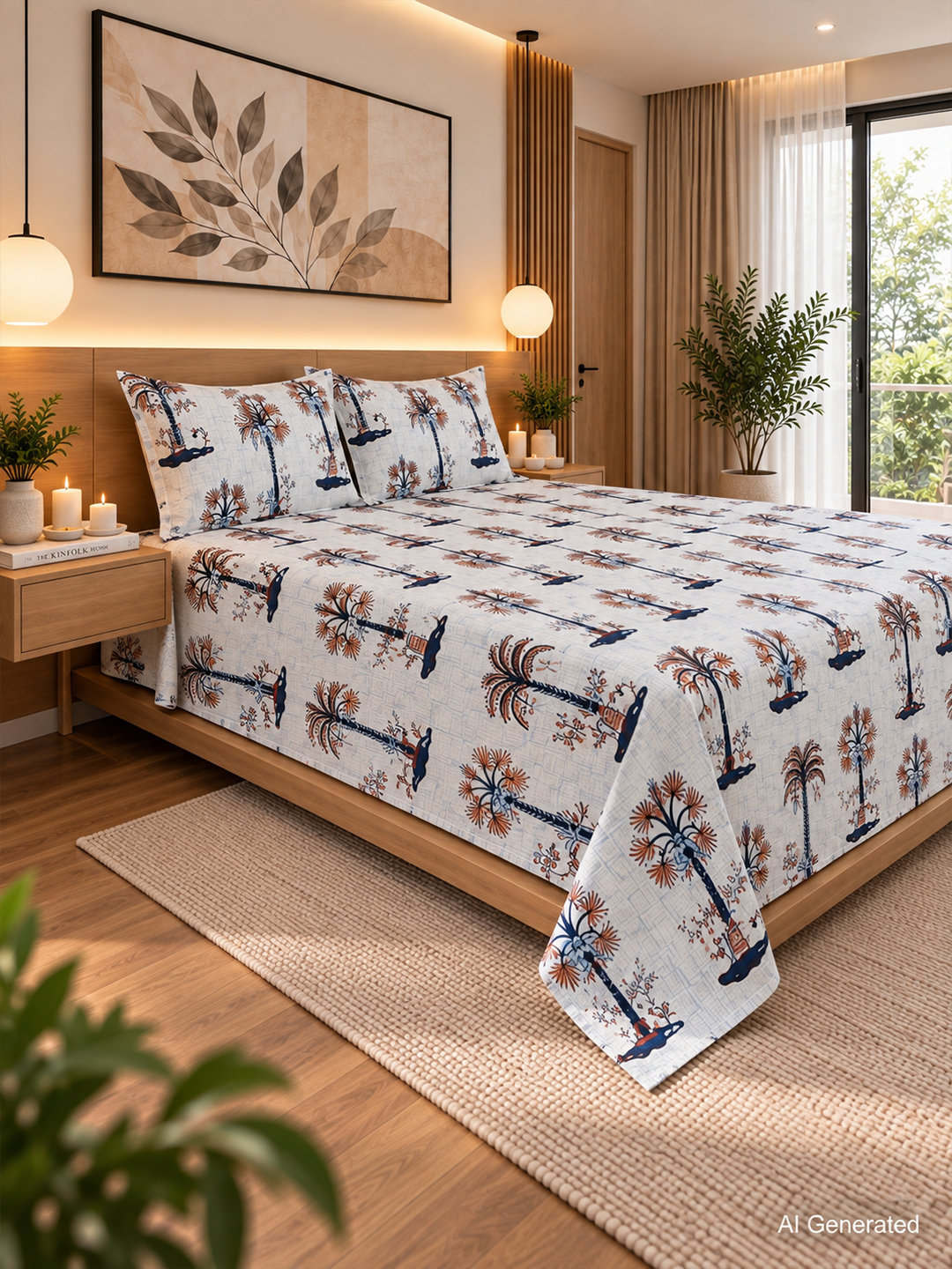 Palm Tree Cotton Bedsheet (93×108 in) with Pillow Covers – Tropical Elegance
