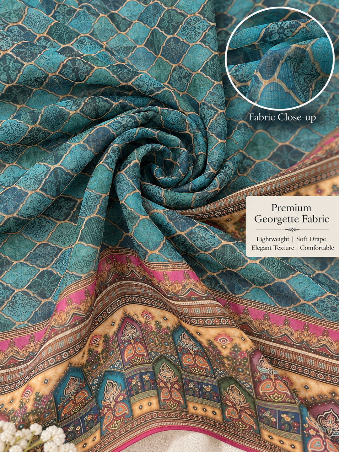 Teal Soft Georgette Printed Saree – Calm, Flowy Elegance