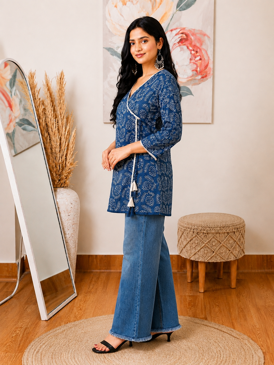 Indigo Angrakha Short Cotton Kurti – Heritage-Inspired Everyday Style ONLY KURTI