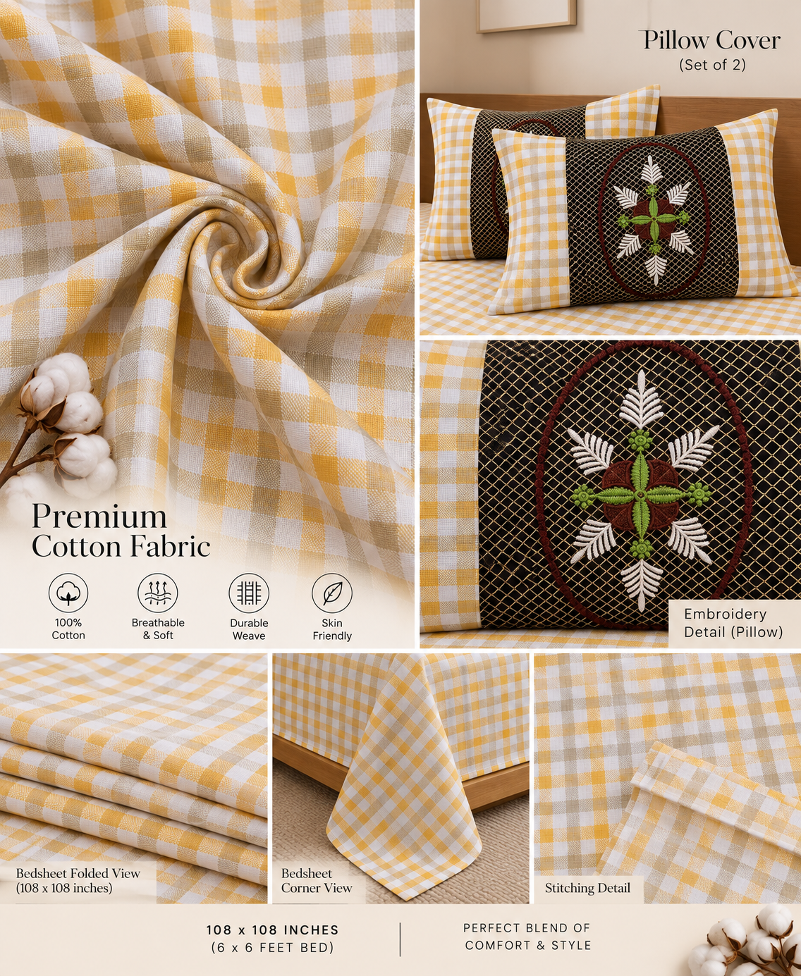 Cotton Mustard Grace Checks Bedsheet (108×108 inches) with Pillow Covers