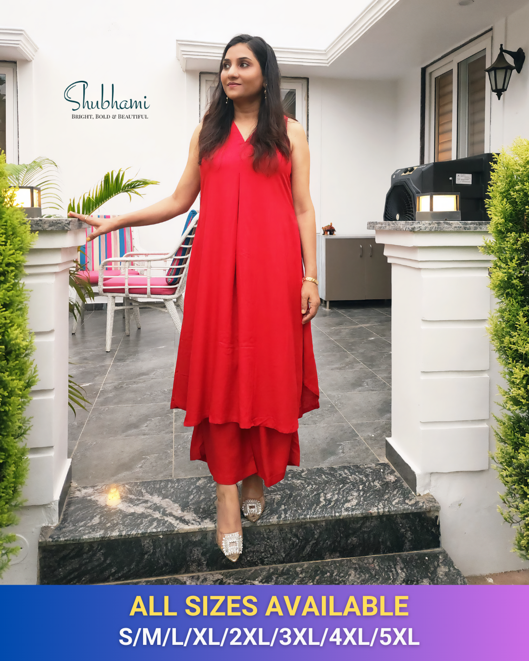 Rayon Sleeveless Kurta Palazzo Set in Red – Comfortable Everyday Ethnic (S–5XL)