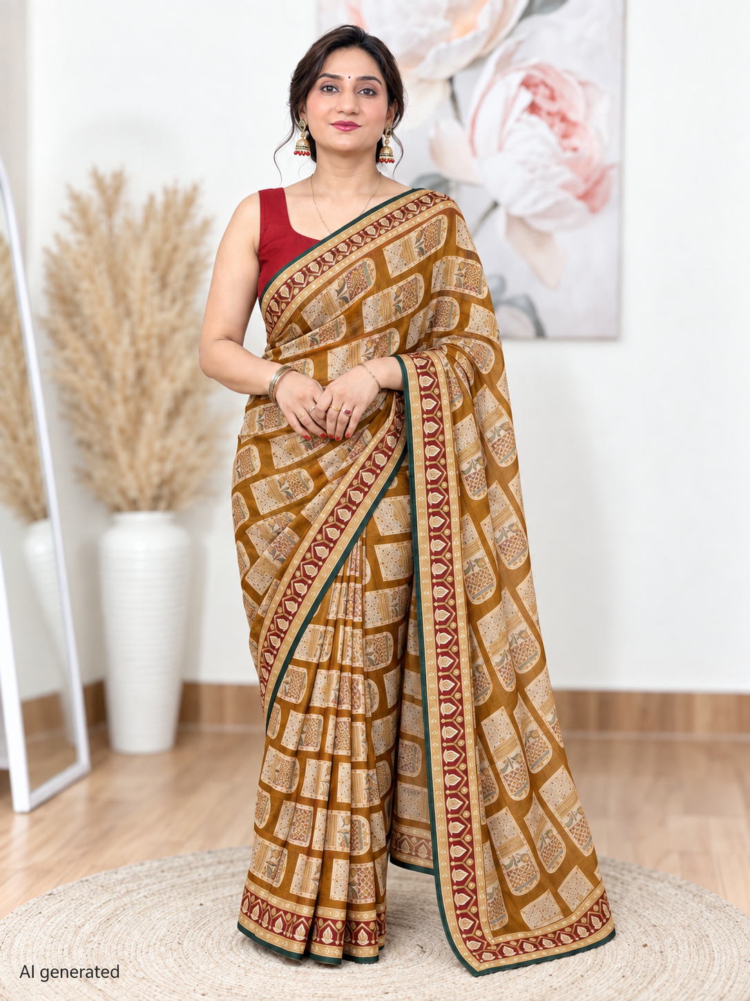 Mustard Printed Brasso Saree – Warm, Contemporary Elegance
