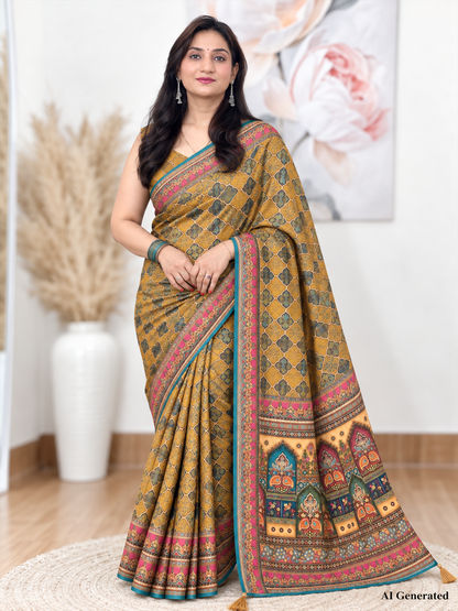 Mustard Soft Georgette Printed Saree – Warm, Flowy Elegance