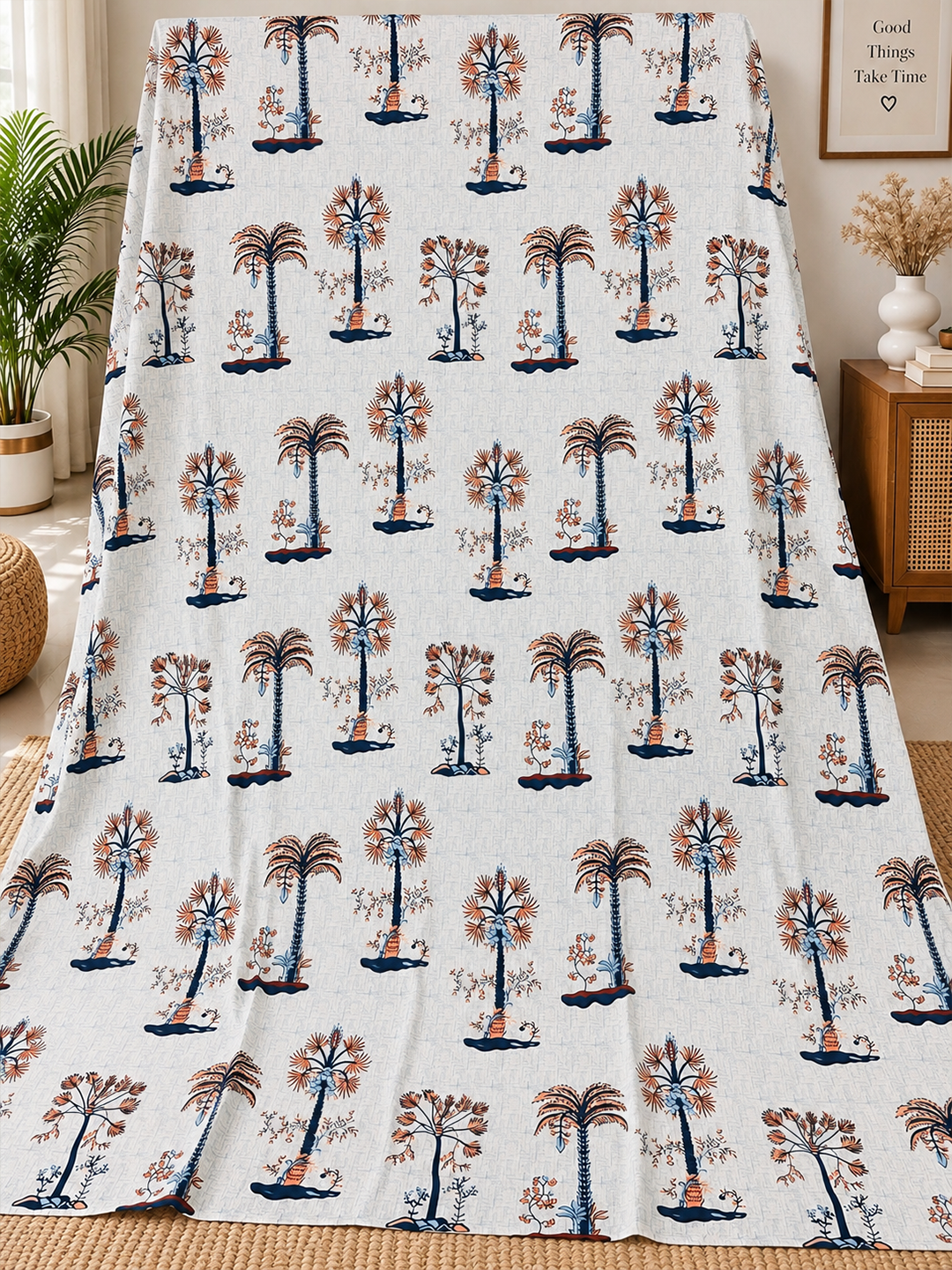 Palm Tree Cotton Bedsheet (93×108 in) with Pillow Covers – Tropical Elegance
