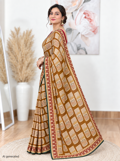 Mustard Printed Brasso Saree – Warm, Contemporary Elegance