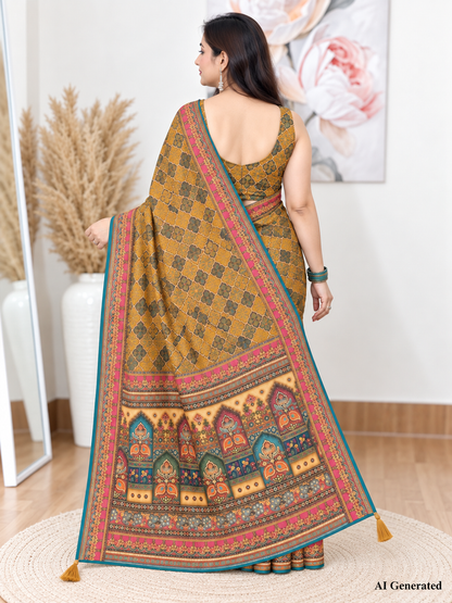 Mustard Soft Georgette Printed Saree – Warm, Flowy Elegance