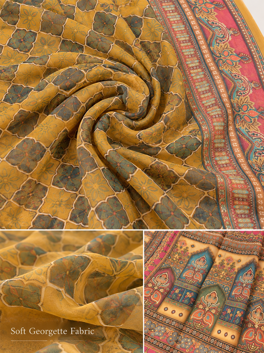 Mustard Soft Georgette Printed Saree – Warm, Flowy Elegance