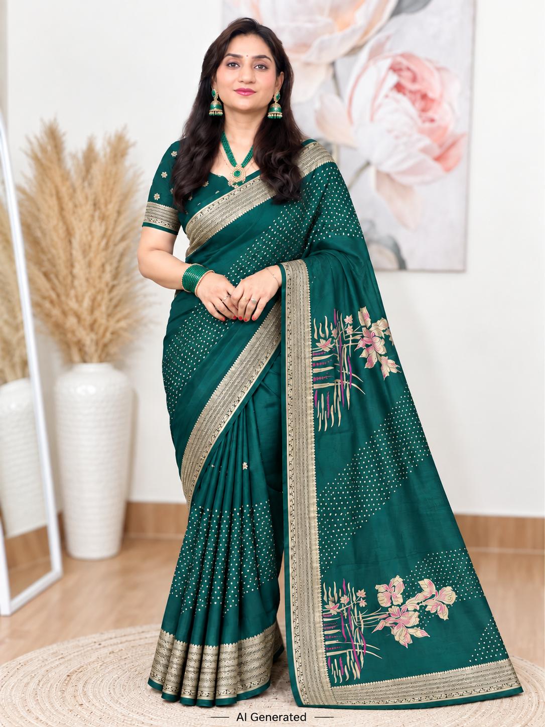 Green Floral Soft Silk Banarasi Saree – Luxurious Festive Elegance