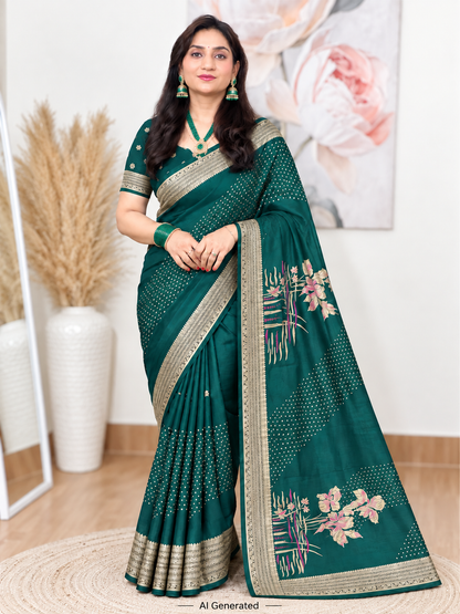 Green Floral Soft Silk Banarasi Saree – Luxurious Festive Elegance