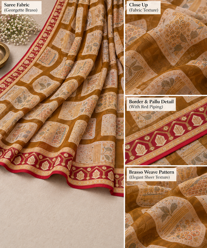 Mustard Printed Brasso Saree – Warm, Contemporary Elegance