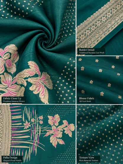 Green Floral Soft Silk Banarasi Saree – Luxurious Festive Elegance
