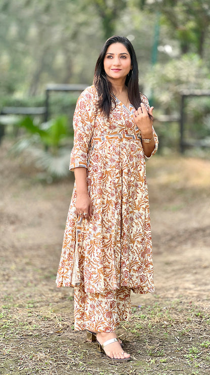 Beige Printed Flared Kurti with Palazzo – Soft Cotton Neutral Ethnic Set for Women