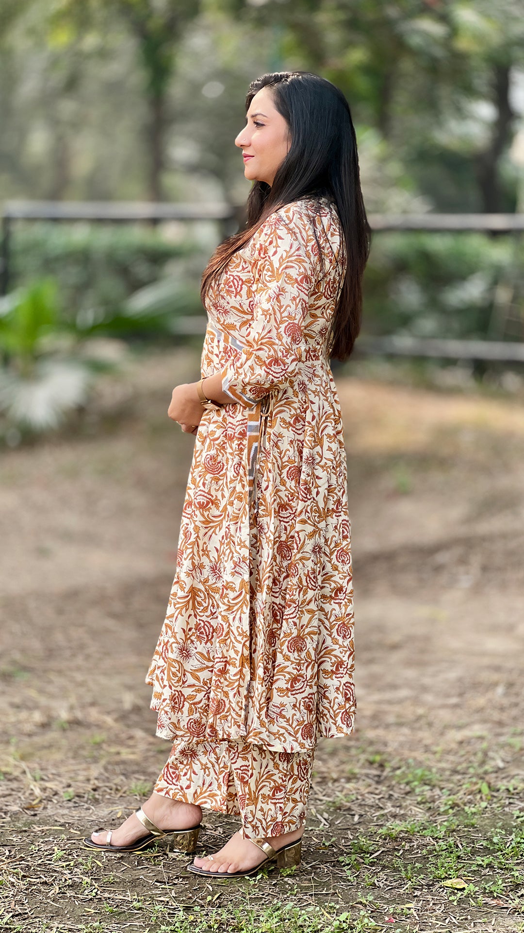 Beige Printed Flared Kurti with Palazzo – Soft Cotton Neutral Ethnic Set for Women