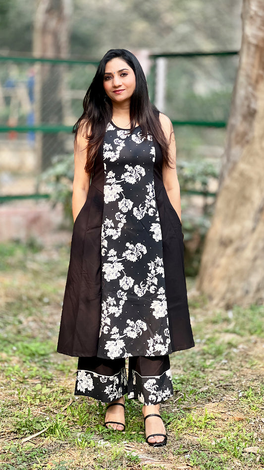 Black Flared A-Line Suit with Palazzo - Rayon Floral Evening Set for Women