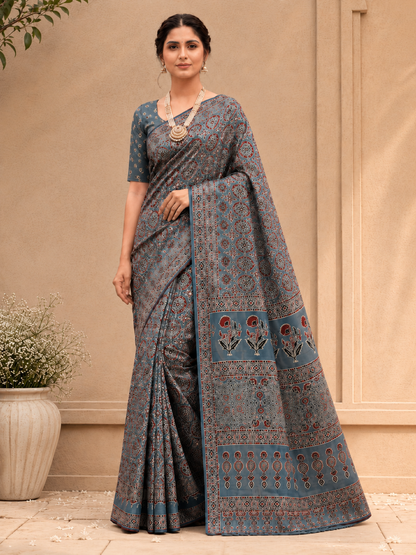 Cotton Ajrakh Phoolkari Saree – Heritage Artisanal Fusion Elegance (One Size)