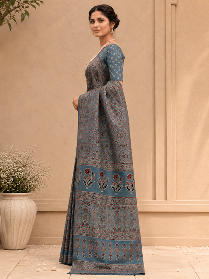Cotton Ajrakh Phoolkari Saree – Heritage Artisanal Fusion Elegance (One Size)