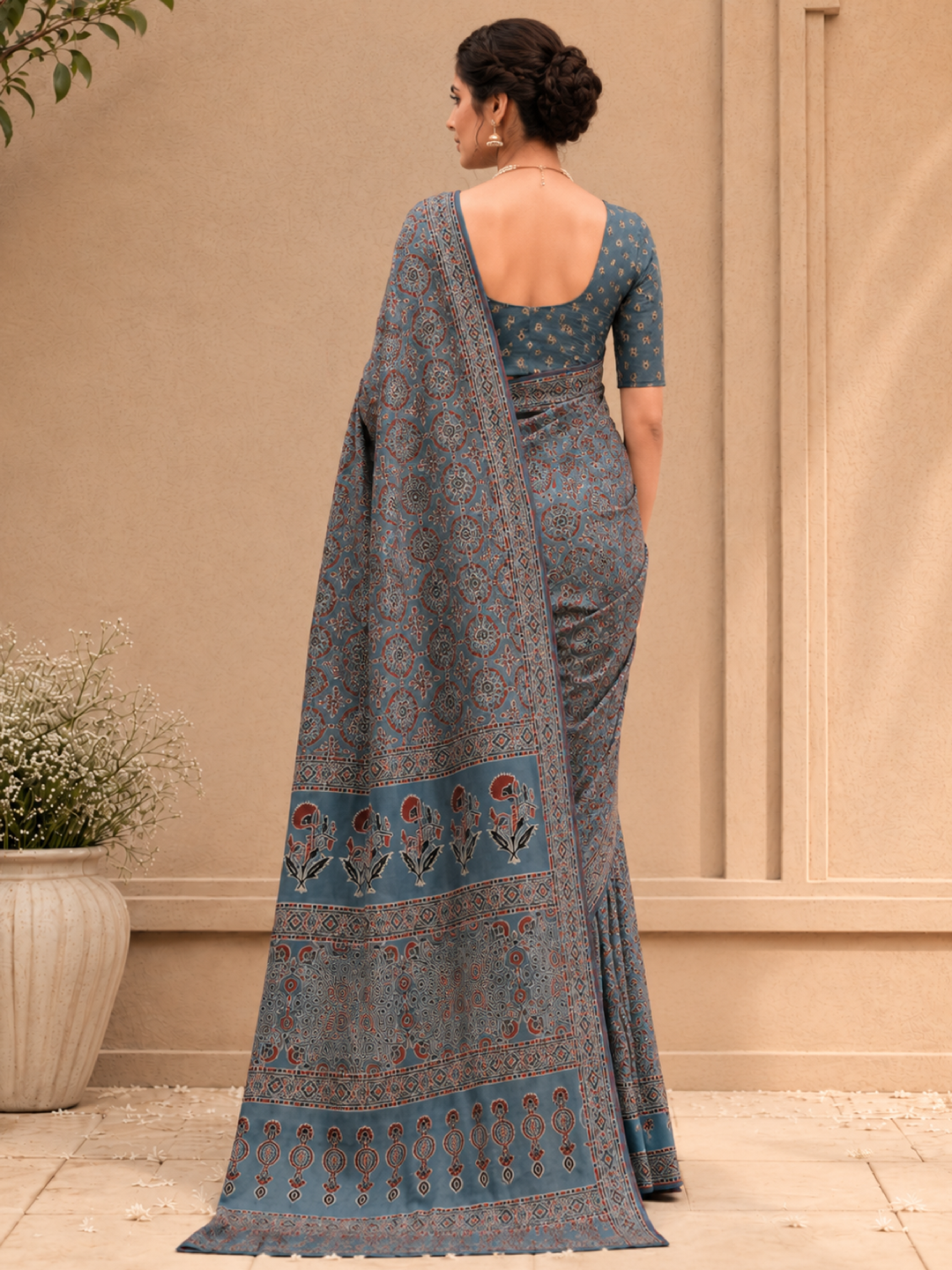 Cotton Ajrakh Phoolkari Saree – Heritage Artisanal Fusion Elegance (One Size)