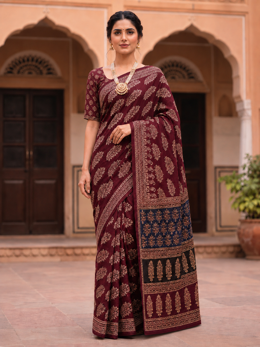 Cotton Leaf Print Wine Saree – Botanical Natural Elegance (One Size)