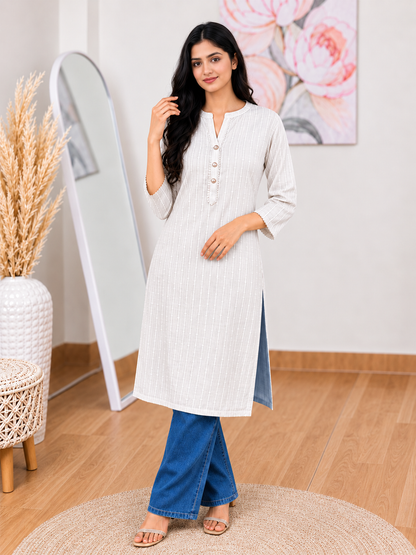 Pearl White Straight Kurti – Minimalist Everyday Elegance(S–5XL)(Only Kurti)