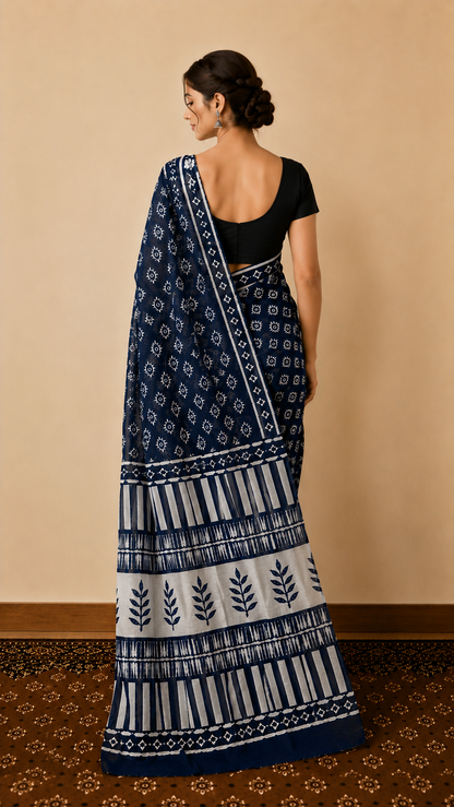 Cotton Classic Indigo Block Print Saree – Timeless Artisanal Elegance (One Size)