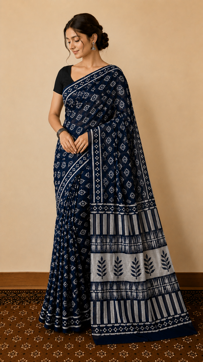 Cotton Classic Indigo Block Print Saree – Timeless Artisanal Elegance (One Size)