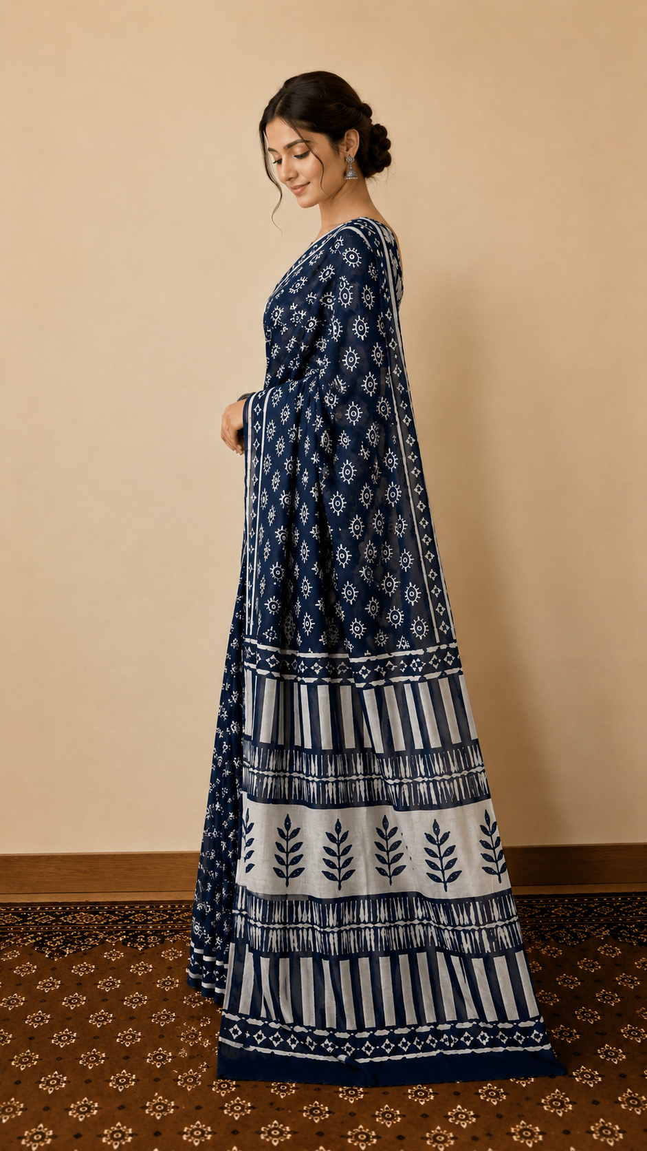 Cotton Classic Indigo Block Print Saree – Timeless Artisanal Elegance (One Size)