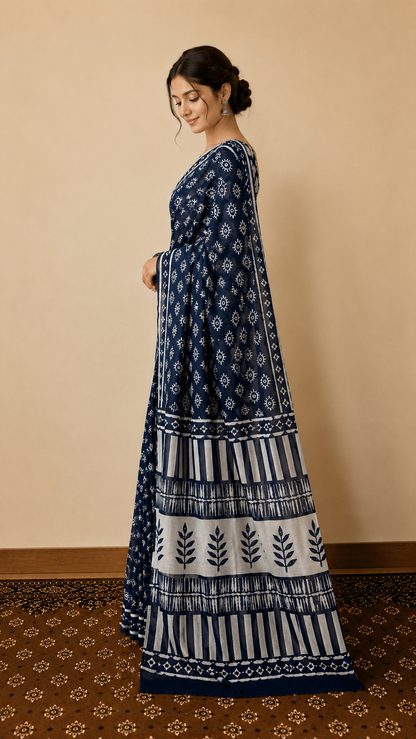 Cotton Classic Indigo Block Print Saree – Timeless Artisanal Elegance (One Size)