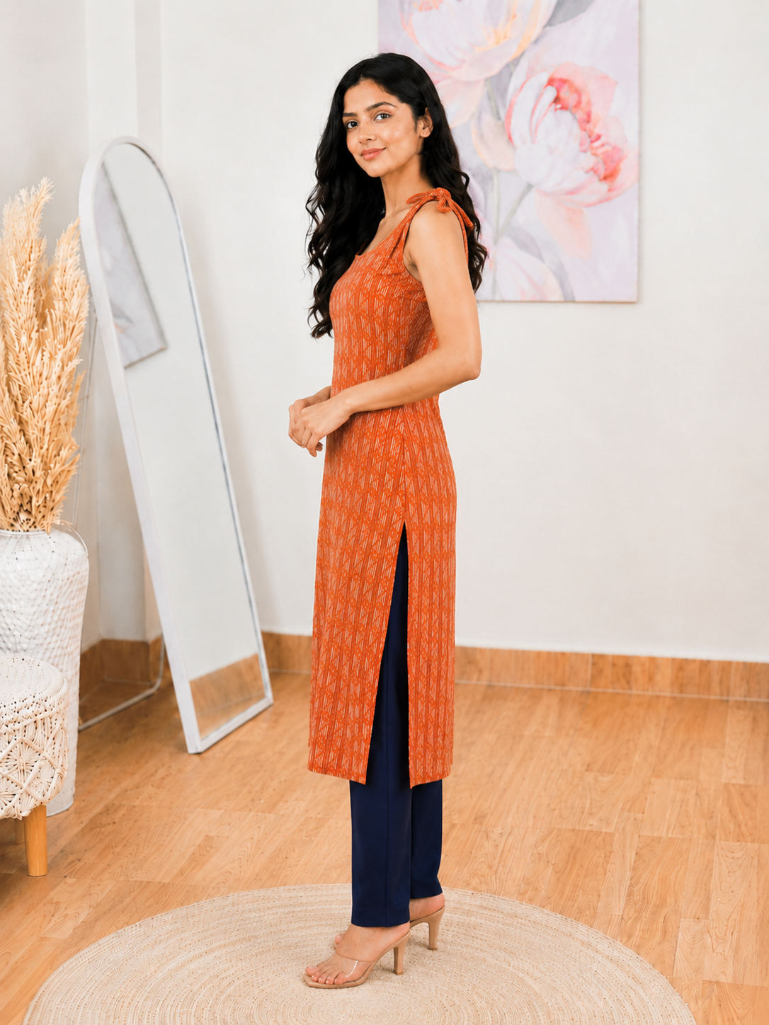 Orange Stripe Cotton Kurti – Vibrant Casual Striped Elegance (S–5XL)(Only Kurti)